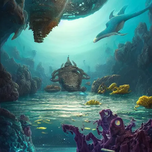 Prompt: Astronauts and some mythical animals are under the sea, they are swimming away from the giant kraken, the kraken is behind chasing them, this is an extravagant planet with wacky wildlife, the background is full of ancient ruins, the ambient is dark with a terrifying atmosphere, by Jordan Grimmer digital art, trending on Artstation,