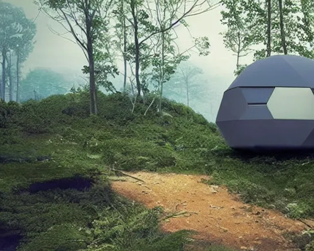 Image similar to futuristic innovation. modular dome house. there is paradise in heaven. smoky ambience. slight green glow in the very far distance. as seen in my dreams of heaven.