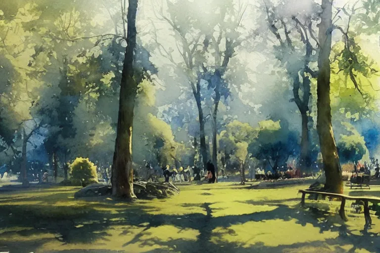 Image similar to small centered on watercolor paper, paint brush strokes, abstract watercolor painting of city park, daylight, shadows, foliage, sunlight, translucent leaves, cinematic light, national romanticism by hans dahl, by jesper ejsing, by anders zorn, by greg rutkowski, by greg manchess, by tyler edlin