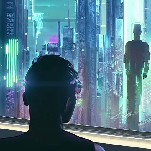 Image similar to a cinematic composition depicting : we're overlooking translucid crystal android being, whos is behind their heads up display viewing out of their window how a high tech lush solarpunk tribe collaborating with their technologic android helpers encroaching a cyberpunk resort at sunrise