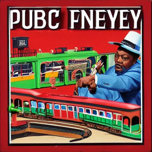 Image similar to album cover for public enemy playing with a toy train set eating hamburgers