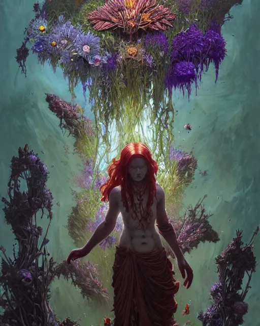 Prompt: the platonic ideal of flowers, rotting, insects and praying of cletus kasady carnage thanos davinci dementor wild hunt chtulu mandelbulb ponyo heavy rain the witcher, d & d, fantasy, ego death, decay, dmt, psilocybin, concept art by randy vargas and greg rutkowski and ruan jia and alphonse mucha