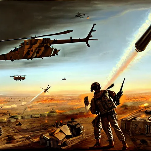 Image similar to a painting of soldiers taking down a helicopter using a rocket launcher in the gulf war by Bernardo Bellotto, high detail, hyperrealistic, concept art, artstation, 8k