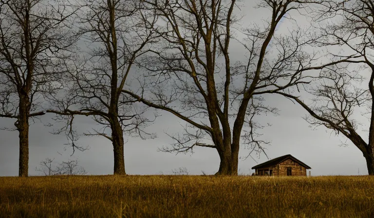 Prompt: A serene landscape with a singular building in the style of shallow depth of field, smooth bokeh