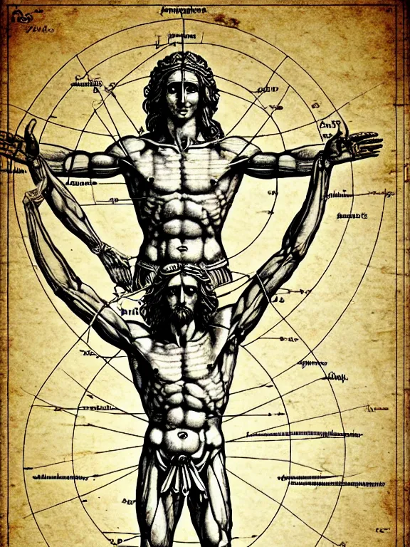 Prompt: vitruvian god in circle detailed proportions, full details anatomy poster, ultra - detailed, annotations handwritten, scientific schematics, proportions on a circle, blueprint, hyperdetailed vector technical documents, callouts, archviz, legend, patent registry