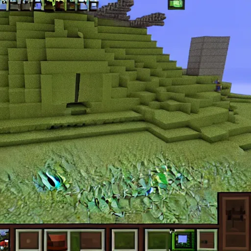 Image similar to Cthulhu appearing as a minecraft mob, in game screenshot