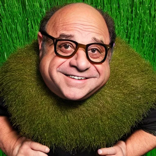Prompt: studio portrait still of danny devito as a!!!! grasshead toy!!!! shaped as danny devito!!! with grass hair, hair made of grass growing on his head, highly detailed, accurate, symmetrical, studio lighting, key light,