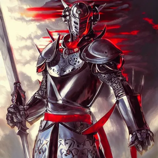 Image similar to Knight with black greatsword and black plate armour, one-eyed, emitting evil red aura, armor merging with body, full body shot, anime style, 90's modern art, art by artgerm and greg rutkowski and alphonse mucha