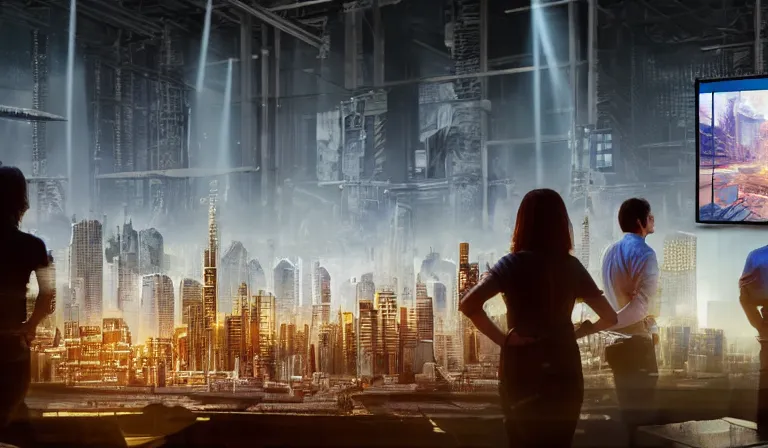 Image similar to group of people in simple warehouse, looking at hologram of futuristic metropolis on a table, cinematic concept art, godrays, golden hour, natural sunlight, 4 k, clear details, tabletop model buildings, center model buildings, hologram center, crane shot, crane shot, crane shot