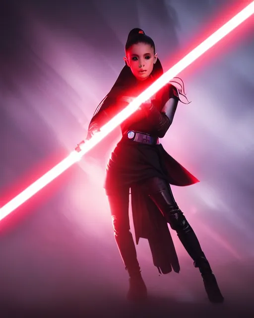 Prompt: Award winning photo of Ariana Grande as a sith lord igniting her light saber, Star Wars concept art by Colin Cantwell, Sith Lord. Dramatic Lighting, Cinematic Lighting, Artstation, volumetric fog, action photography, hyper-realistic, 8K resolution, 4K resolution