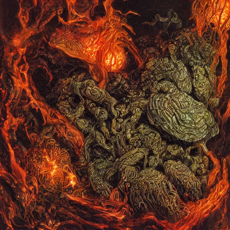Prompt: extremely detailed intricate evocative close up realistic nocturnal rotten glowing bismuth mushrooming from wet forensic undulations of chemical glass reflecting antediluvian magma by Michael Whelan