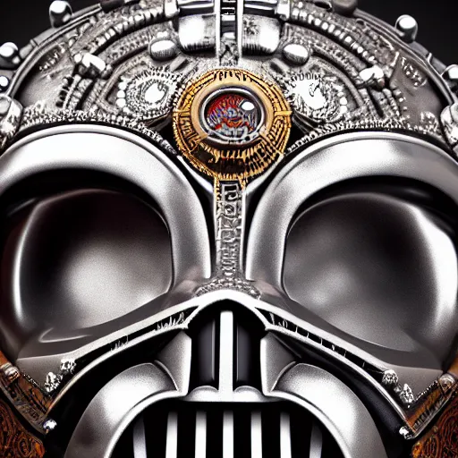 Image similar to A close up symmetric steampunk darth vader mask with sparkling eyes made from ornate engraved full plate armor and Rolex gears and jewels and gems, macro shot by Justin Gerard, unreal engine, detailed, intricate, physically based rendering