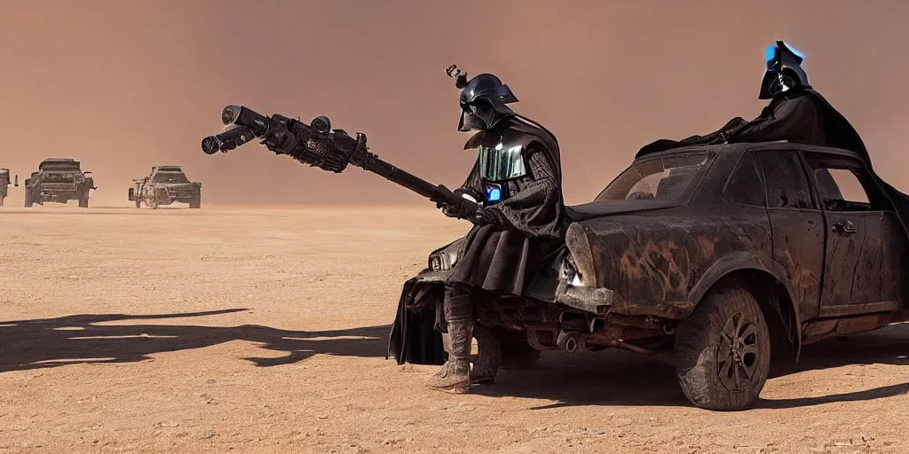 Prompt: Darth Vader standing on the hood of a driving post apocalyptic battle car in the desert and weilding a flamethrower, Mad Max Fury Road style, sandstorm
