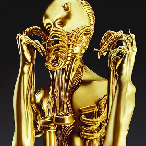 Image similar to a golden sculpture of the medical caduceus by h. r. giger