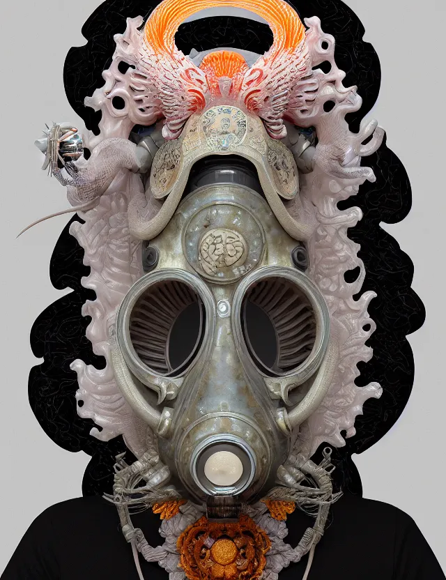 Image similar to 3 d goddess close - up profile portrait with vintage gas mask ram skull. beautiful intricately detailed japanese crow kitsune mask and clasical japanese kimono. betta fish, jellyfish phoenix, bio luminescent, plasma, ice, water, wind, creature, artwork by tooth wu and wlop and beeple and greg rutkowski