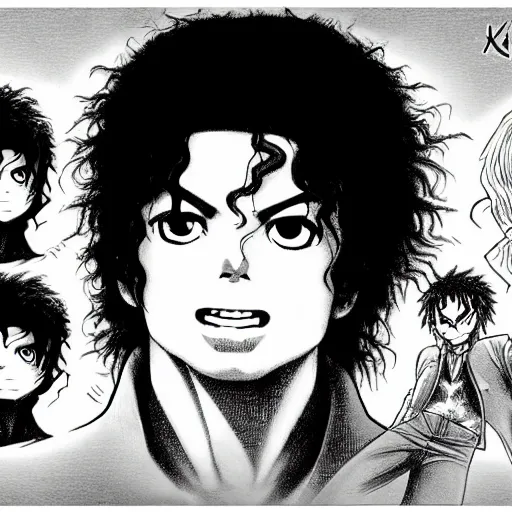 Prompt: manga panel of michael jackson in the style of kentaro miura, 8 k, 4 k, masterpiece, trending on artstation