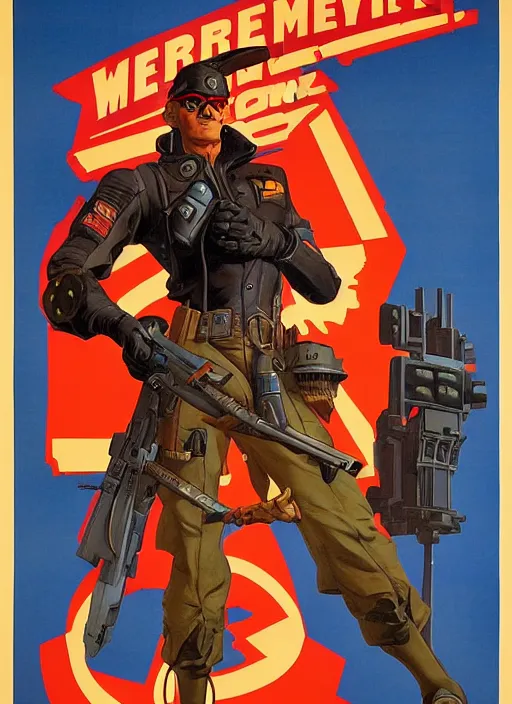 Image similar to american propaganda poster. cyberpunk mercenary. portrait by jean giraud and anton otto fischer and john philip falter and will eisner and gil elvgren. realistic proportions. tf 2, overwatch.