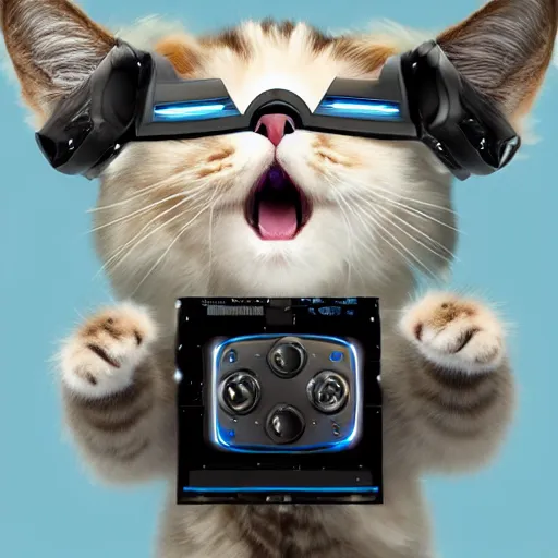 Prompt: beautiful fluffy cyborg cat wearing virtual reality headset on face, standing up holding game controllers in paws, detailed 4 k painting