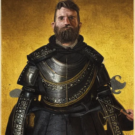 Image similar to Closeup of frustrated and acerbic male medieval sergeant with a {short} beard wearing a {black!!!! and yellow tabard} over a steel breastplate and a black gambeson looking up from a map on a table, intricate, dramatic lighting illustration by Greg Rutkowski, {perfect face}, {perfect eyes}, fantasy