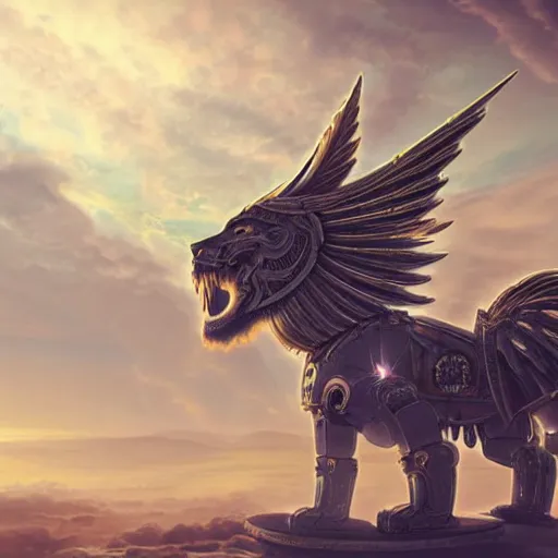 Prompt: the ancient world, hyper complexity, highly detailed, cinematic lighting, pastel colored sunrise, flying robotic lions with gold metal huge wings on the back in the sky, sharp outlines, whole body, drone view, hyperrealistic, trending on pixiv fanbox, love death robot,