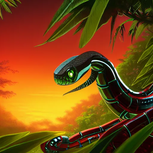 Prompt: robot snake in the middle of the jungle spying enemy country, red glowing eyes, dense jungle, middle of night, hd, uhd, 8 k, noise, illustration, sharp focus, detailed, sharpen, artstation, elegant, highly detailed, fantasy, futuristic