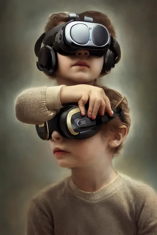 Image similar to a beautiful ultradetailed vintage photo of a child attached to a futuristic vr headset, by tom bagshaw and anna dittman, portrait, 2 4 mm lens, golden ratio composition, detailed face, studio photography, very detailed, humanoids, interconnected, artstation, 8 k, highly coherent