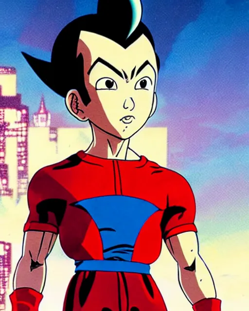 Image similar to a close up portrait of Astro boy in the style of Goku, weapon on a ready looking determined overlooking a cyberpunk city in the background, full face portrait composition, 2D drawing by Mike Mignola, Yoji Shinkawa, flat colors, chiaroscuro