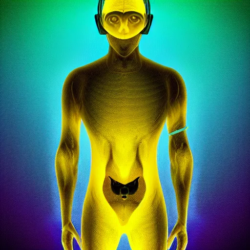 Image similar to human man that resembles a wasp morh in surreal sketch style, blue and yellow gradient, noise, ultrafine detail, hd 8k, logo illustration