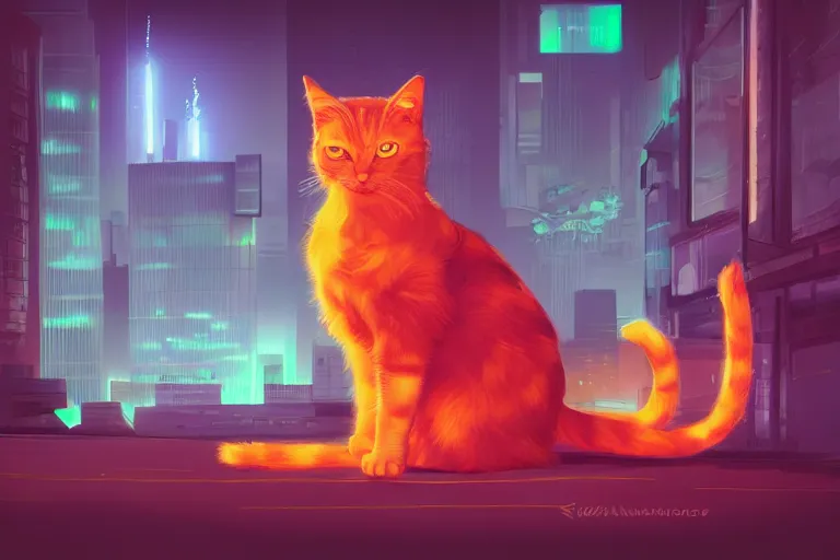 Image similar to cyberpunk ginger cat in the city, neon backlighting, digital art, trending on artstation, fanart, by kawacy