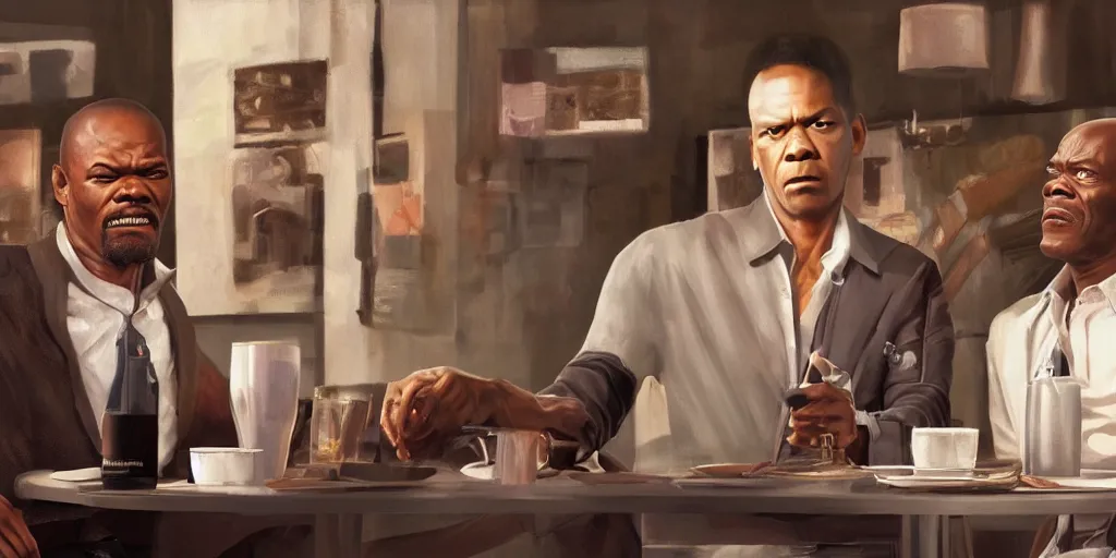 Image similar to painting pulp fiction movie highly detailed full - body samuel l jackson and john travolta posing in cafe, perfect symmetrical eyes, by eddie mendoza and tyler edlin, 8 k resolution, digital art, hyper realistic