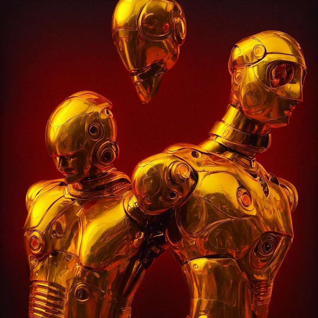 Image similar to cinematic bust portrait of psychedelic god robot from left, head and chest only, robotic improvements, part of Moebius, part of maxfield parrish, part of Thomas Ehretsmann,, oil on canvas, masterpiece, trending on artstation, cinematic composition, dramatic pose, beautiful lighting, sharp, details, hyper-detailed, volumetric lighting 4K