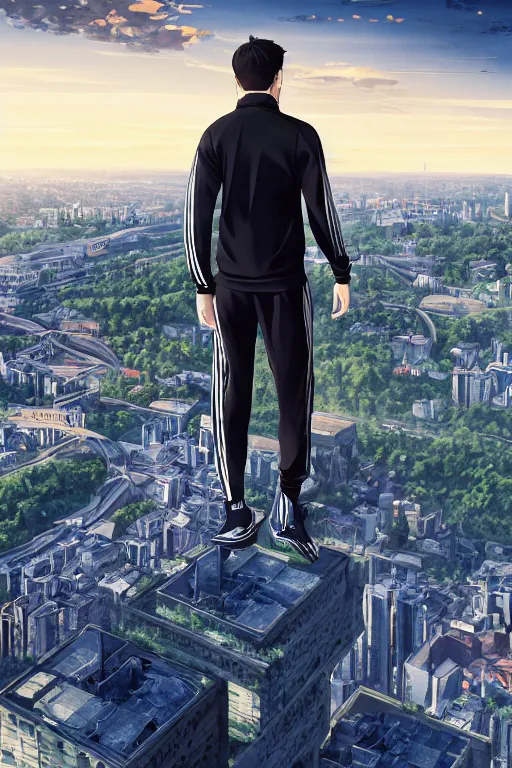 Image similar to Man in black adidas tracksuit looking atop of a urban plateau filled with soviet apartment buildings, golden hour, dreamy, beautiful clouds, ultra detailed beautiful lighting, 4k, wallpaper, russian cityscape, beautiful artwork by Makoto Shinkai