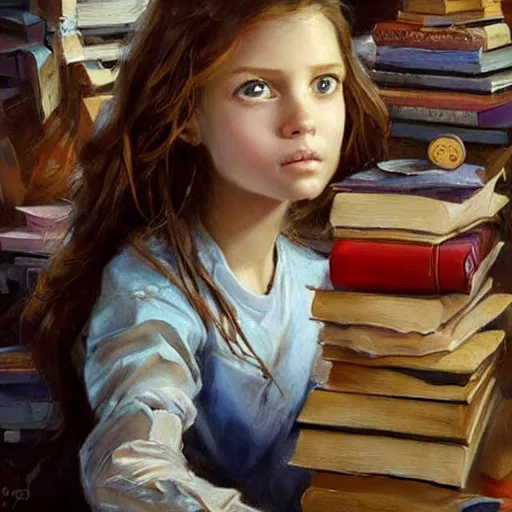 Image similar to a seven year old girl with short curly light brown hair and blue eyes sitting amidst tall piles of books. beautiful painting by raymond swanland and magali villanueve, beautiful detailed face.