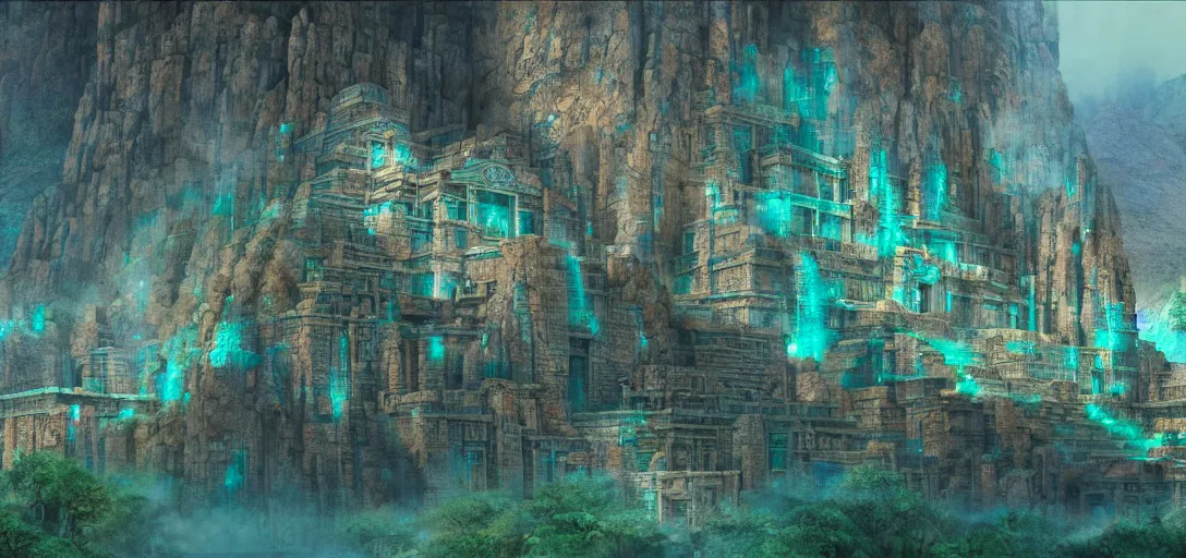 Image similar to beautiful highly detailed matte painting of an intricate mayan futuristic brutalist jade teal ancient temple in a valley surrounded by canyons and a desert, by Craig Mullins and Denis Villeneuve, octane rendering, 8k