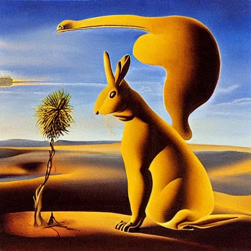 Image similar to dali surrealist painting of a giant golden rabbit in the middle of the desert