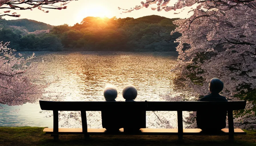 Image similar to back view of an old japanese couple watching sunset while sitting on the bench, cherry blossoms, lake, forest, village, hayao miyazaki, hyperdetailed, artstation, cgsociety, 8 k