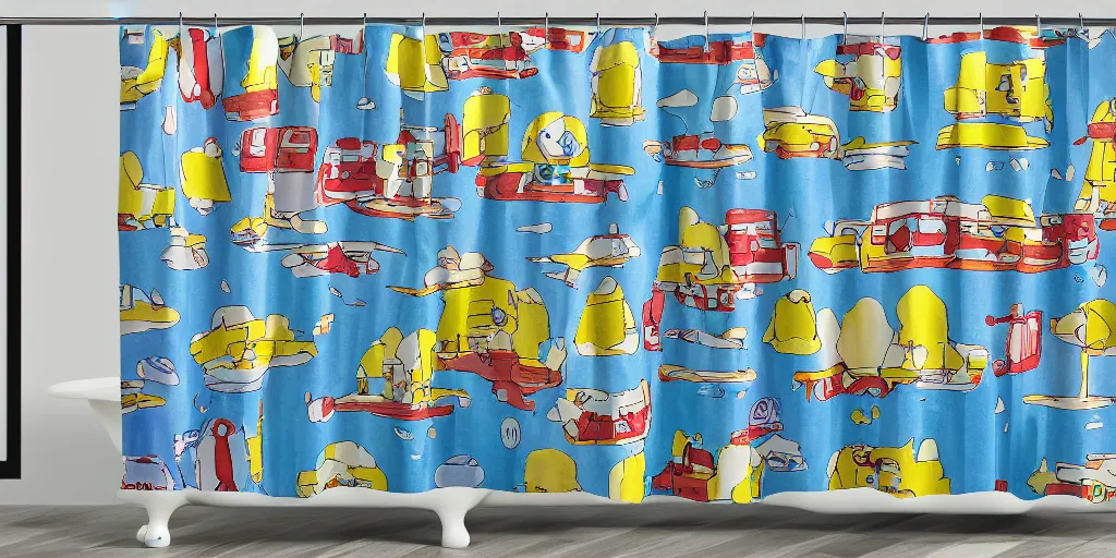 Prompt: shower curtain product catalog. wide - angle photo. on the curtain is a watercolor of the mecha streisand south park episode ( tv ). the water color has ink under drawing. wide - angle product photography of a shower curtain, product lighting. 4 k, highly detailed. saturated.