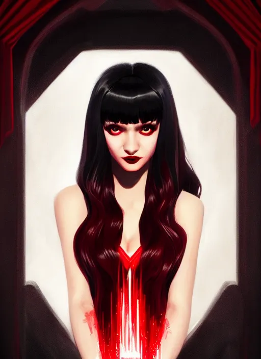 Image similar to portrait of vampire veronica lodge with bangs, vampire fangs, vampire, long hair, red clothes, bangs, vampironica, intricate, elegant, glowing lights, highly detailed, digital painting, artstation, concept art, smooth, sharp focus, illustration, art by wlop, mars ravelo and greg rutkowski