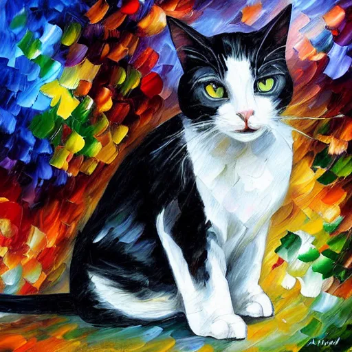 Image similar to painting of a black and white cat in a lab coat by Leonid Afremov