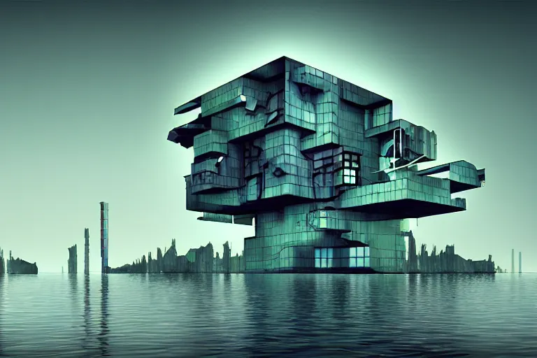 Image similar to distorted cyberpunk house in the lake, artwork by bauhaus, by benoit b. mandelbrot, by bjarke ingels, uhd, 3 d ar vr art, metaverse concept art