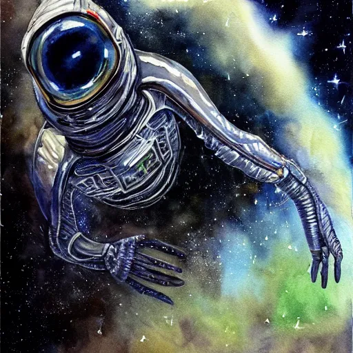 Image similar to alien extraterrestrial englishman in space. watercolor. dramatic. amazing painting. formal. beautiful. high resolution. highly realistic. close - up. trending on artstation