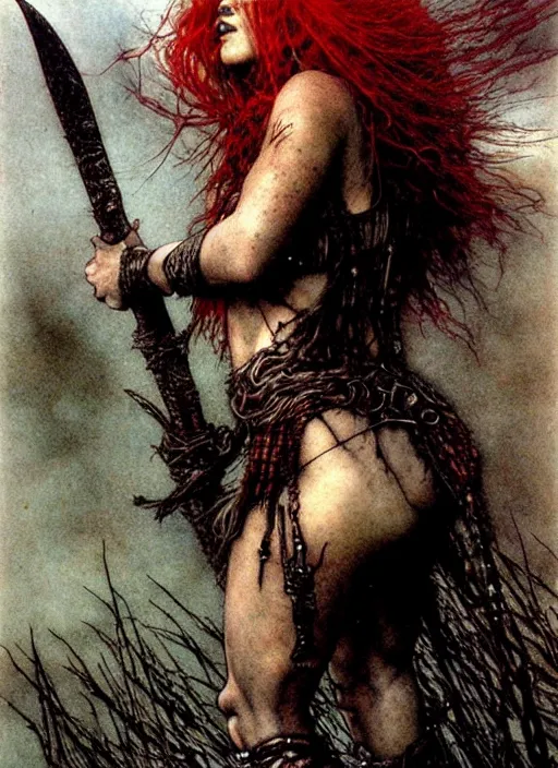 Prompt: redhead barbarian girl by Beksinski and Arthur Rackham, Yan Miller, Luis Royo