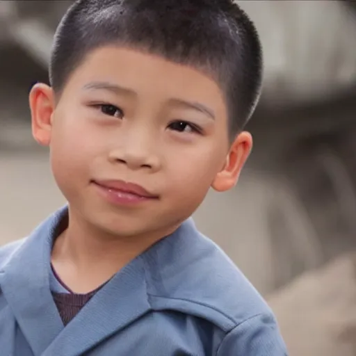 Prompt: cinematic still light skin vietnamese 6 year old boy in star wars, slight underbite, heart shaped face, round cheeks, crew cut hair