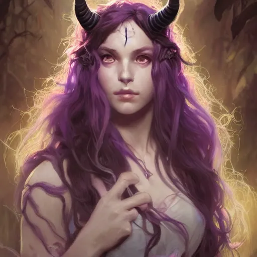 Image similar to cute Whimsical Tiefling Druid with cute horns and long purple hair,silver eyes, light-brown skin, D&D, fantasy, portrait, highly detailed, digital painting, artstation, concept art, sharp focus, illustration, art by greg rutkowski and alphonse mucha