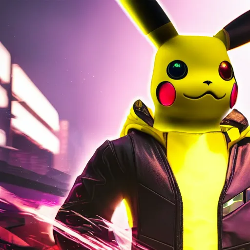 Image similar to cyberpunk pikachu, a male robot, portrait full HD 8k, ultra realistic cinematic octane render, focus on shoulder to head