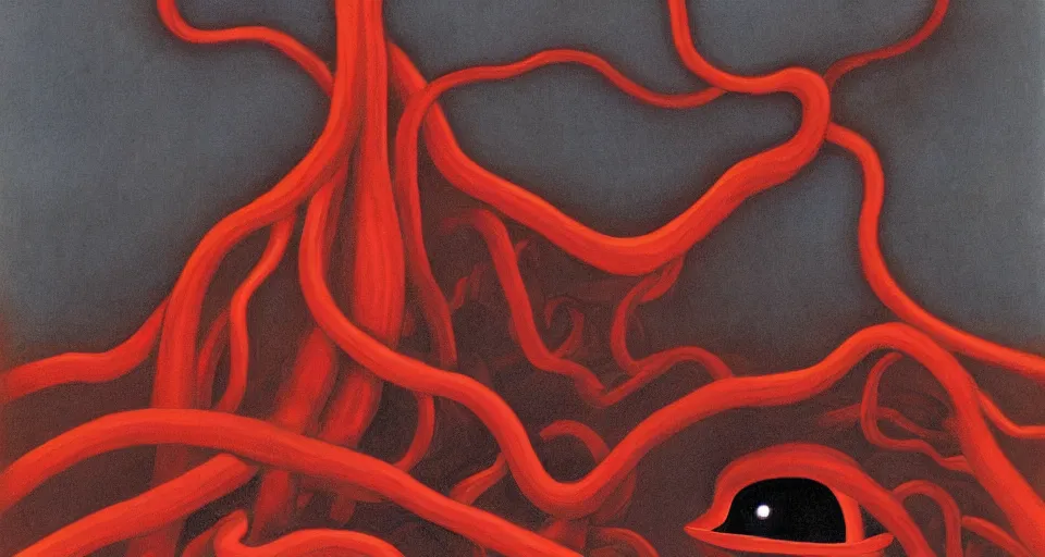 Image similar to a volcano made of ivory vines and crimson rocks enters in eruption, it spits a smoke in the shape of demonic eye, by Charles Addams