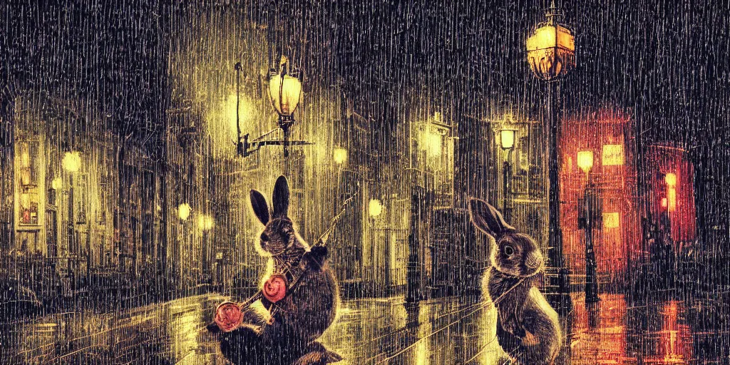 Prompt: a time traveling rabbit holding a pocket watch and an umbrella, rainy night, city lights, streetlights, digital art, sharp, 1 9 8 0 s style