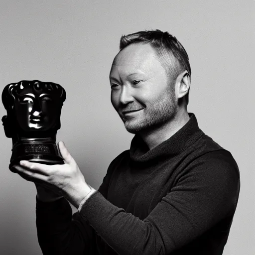 Image similar to limmy brian limond holding bafta award, realistic artstyle, wide shot, dramatic lighting, octane render, hyperrealistic, high quality, highly detailed, hd, beautiful, cinematic, 8 k, unreal engine, facial accuracy, symmetrical,