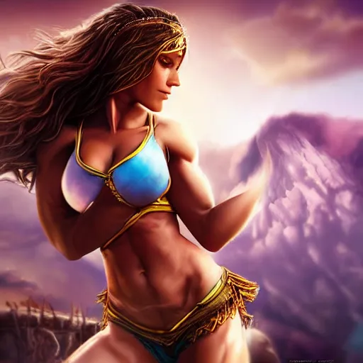 Image similar to beautiful muscular Shakira, fantasy, photo realistic, hd, detailed, digital art, cinematic, bokeh