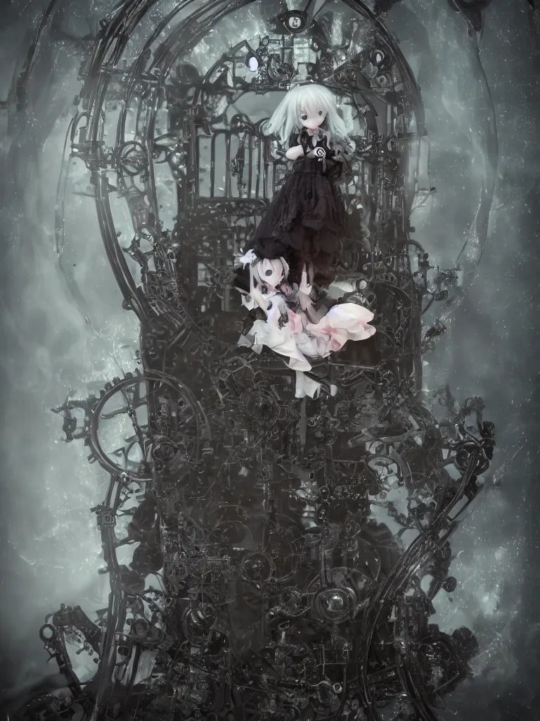 Image similar to cute dark wraith fumo plush girl fallen gothic maiden angel floating amid the mechanical shining grandeur gate of the clockwork kingdom, tattered striped trailing dress of glowing wispy melting billowing smoke, ethereal volumetric light shaft fog clouds, caustics, color contrast, rule of thirds, vignette, vray
